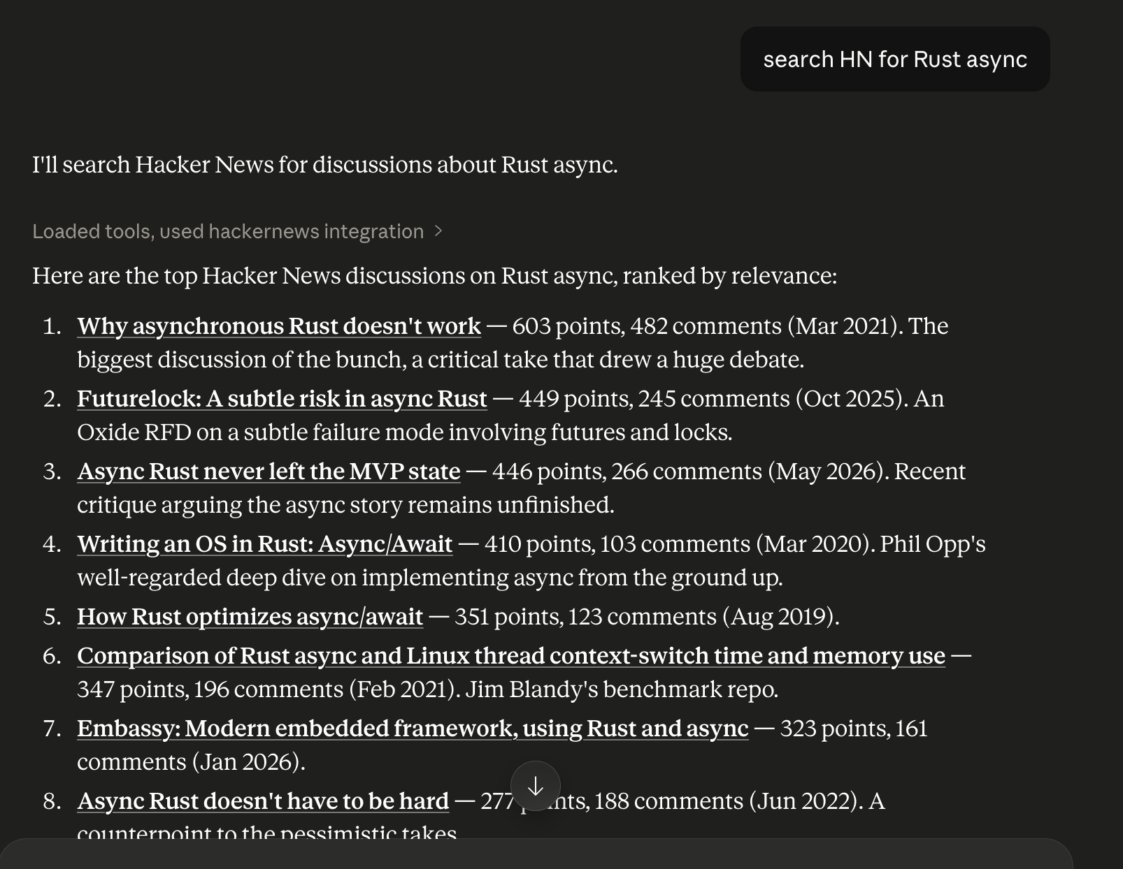 Claude answering 'search HN for Rust async' with a ranked list of Hacker News results