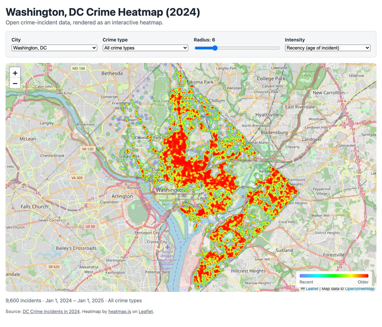 Crime heatmap rendered on a Leaflet map of Washington DC