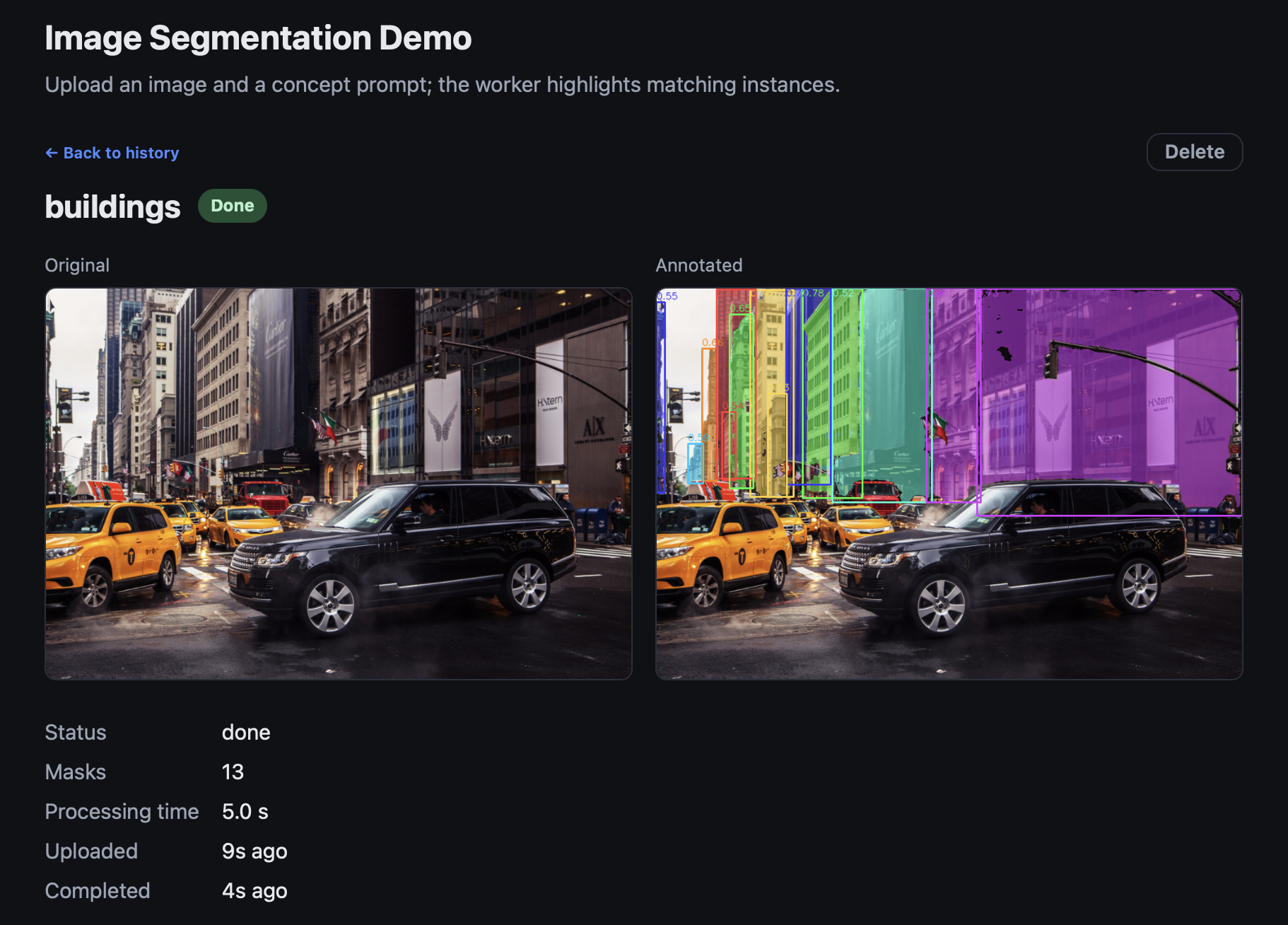 SAM 3 segmenting the concept 'buildings' in the same street scene — 13 building instances highlighted