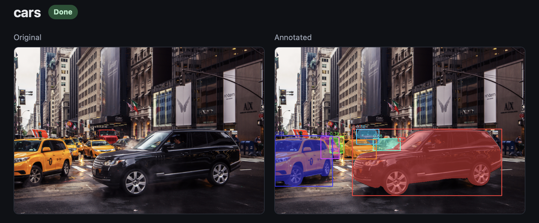 SAM 3 segmenting the concept 'cars' in a NYC street scene — 9 instances highlighted in the annotated view next to the original